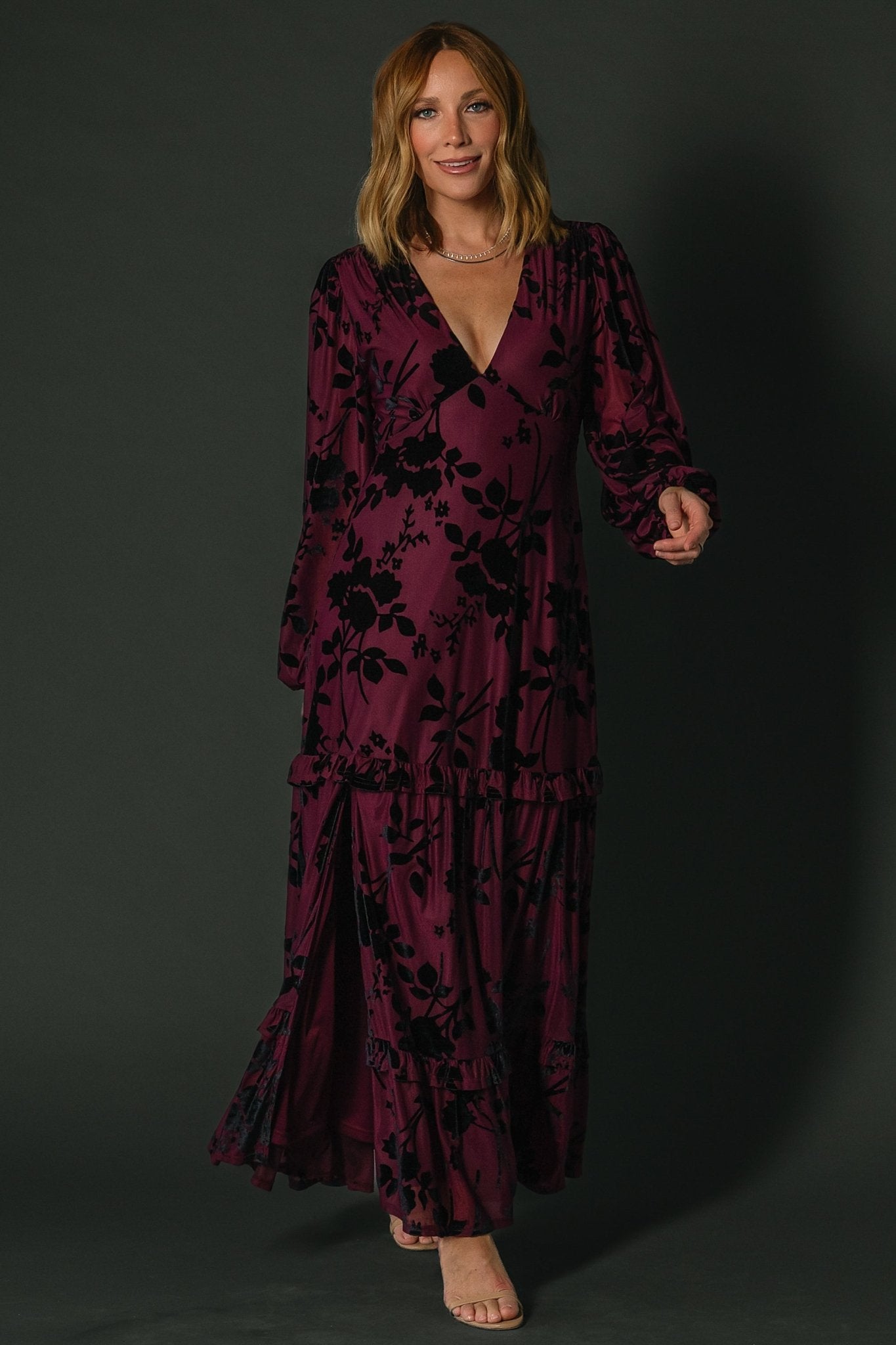 Liana Velvet Maxi Dress in Mulberry with Floral Embroidery