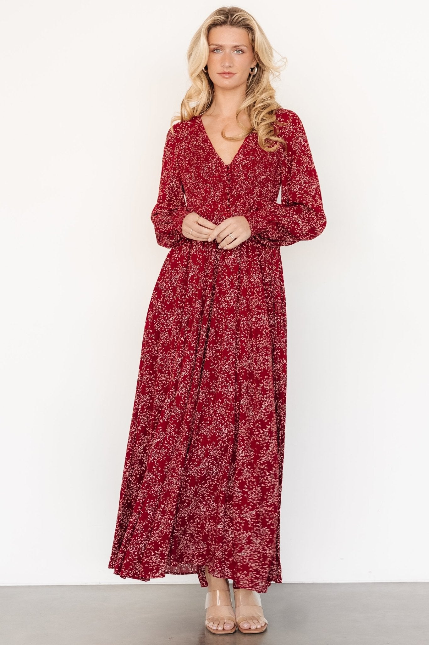 Anya Crimson Print Maxi Dress with V-Neck & Hidden Pockets