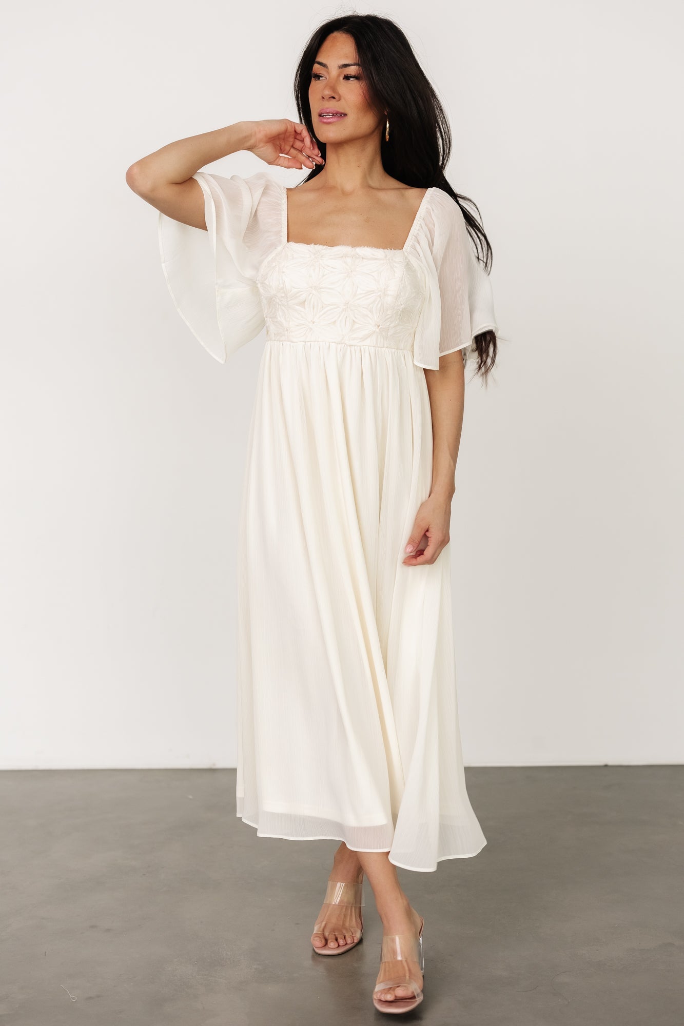 Cream Lilith Floral Applique Midi Dress for Garden Parties