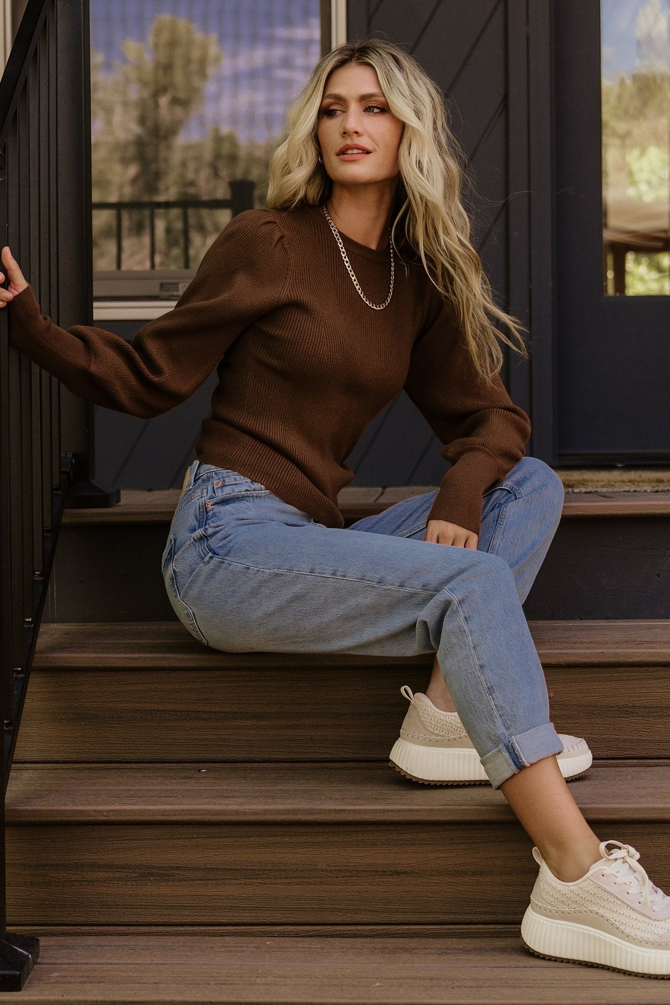 Lilou Brown Rib Knit Sweater with Long Sleeves