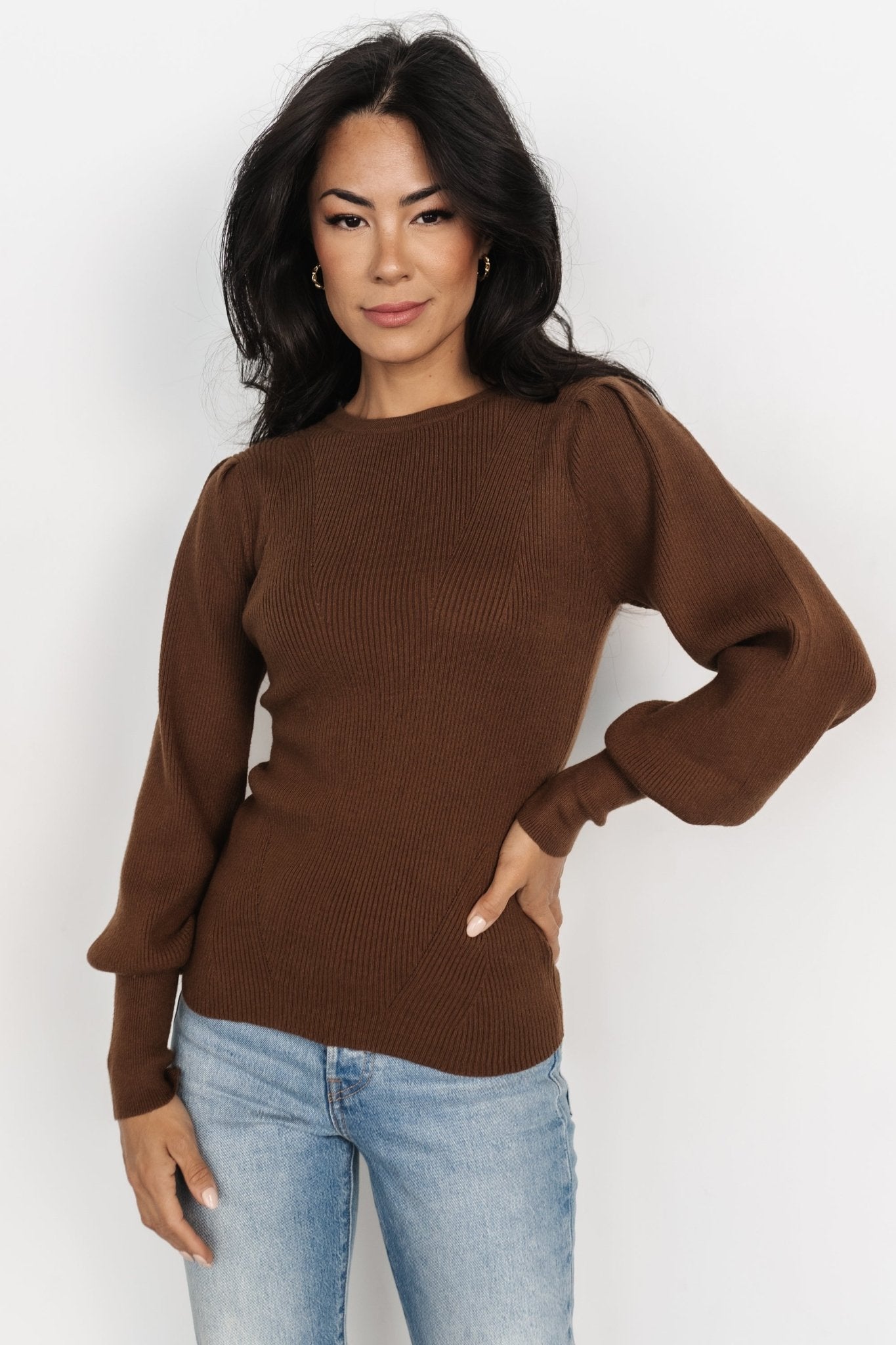 Lilou Brown Rib Knit Sweater with Long Sleeves