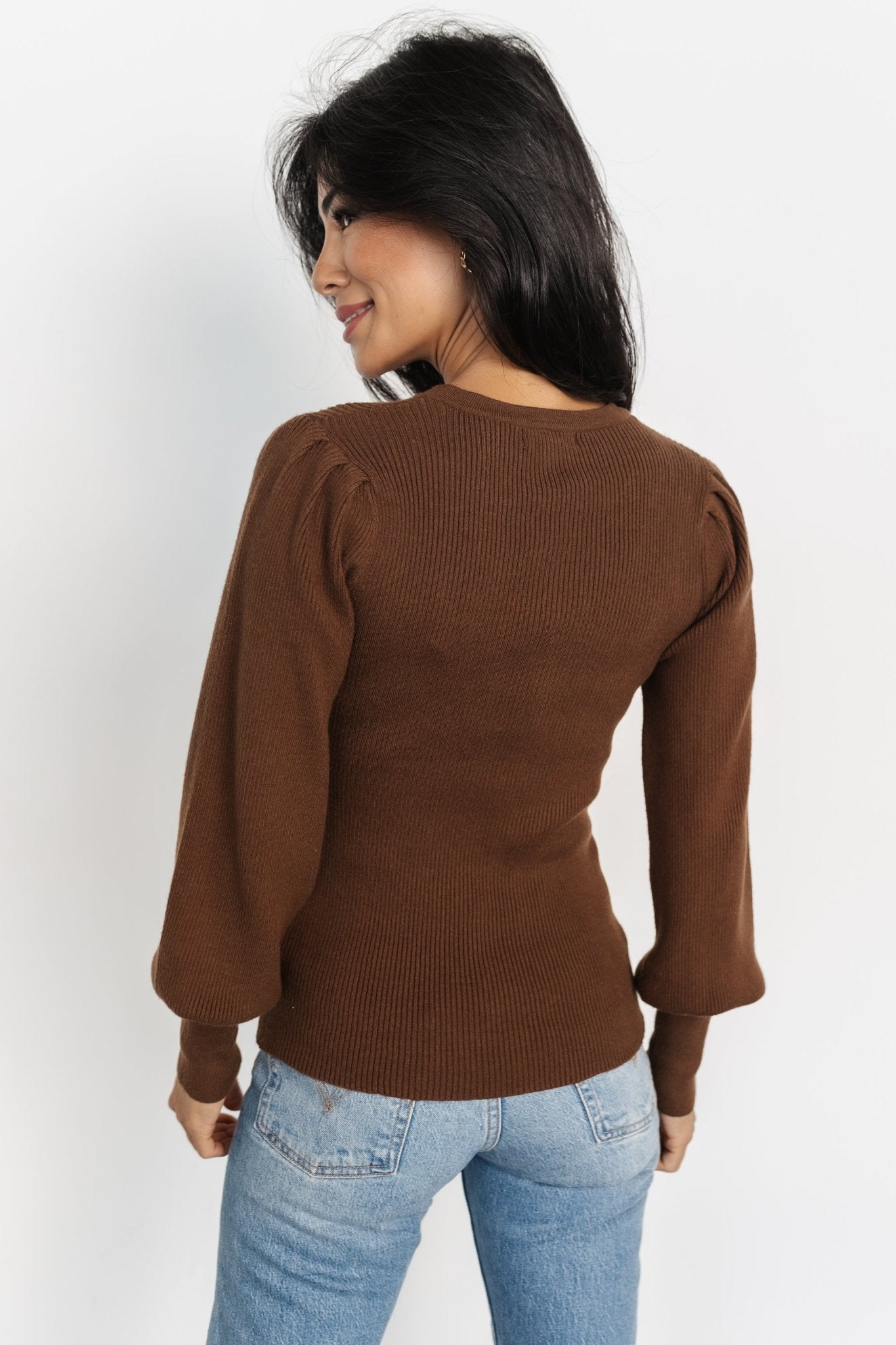 Lilou Brown Rib Knit Sweater with Long Sleeves