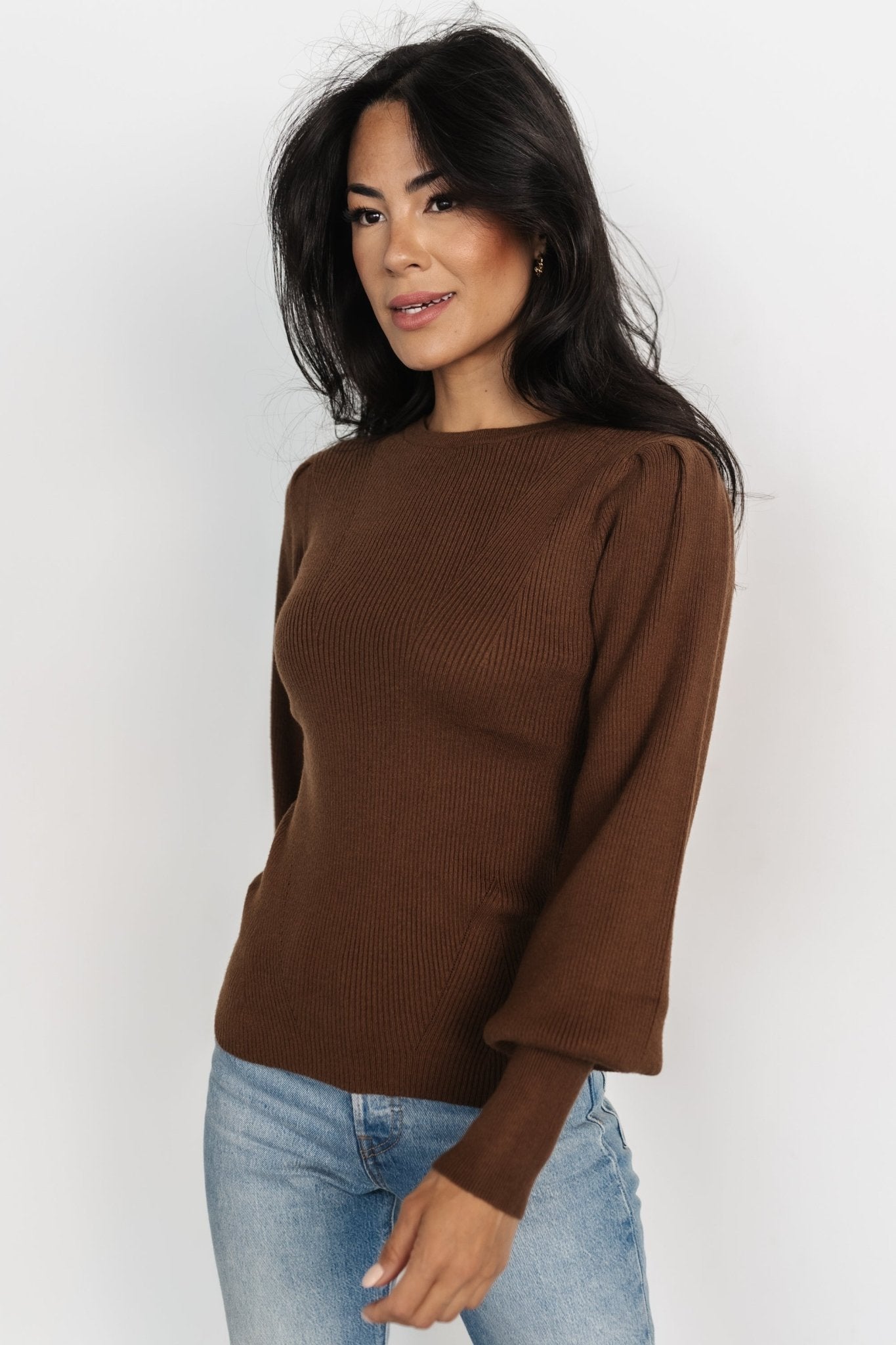 Lilou Brown Rib Knit Sweater with Long Sleeves