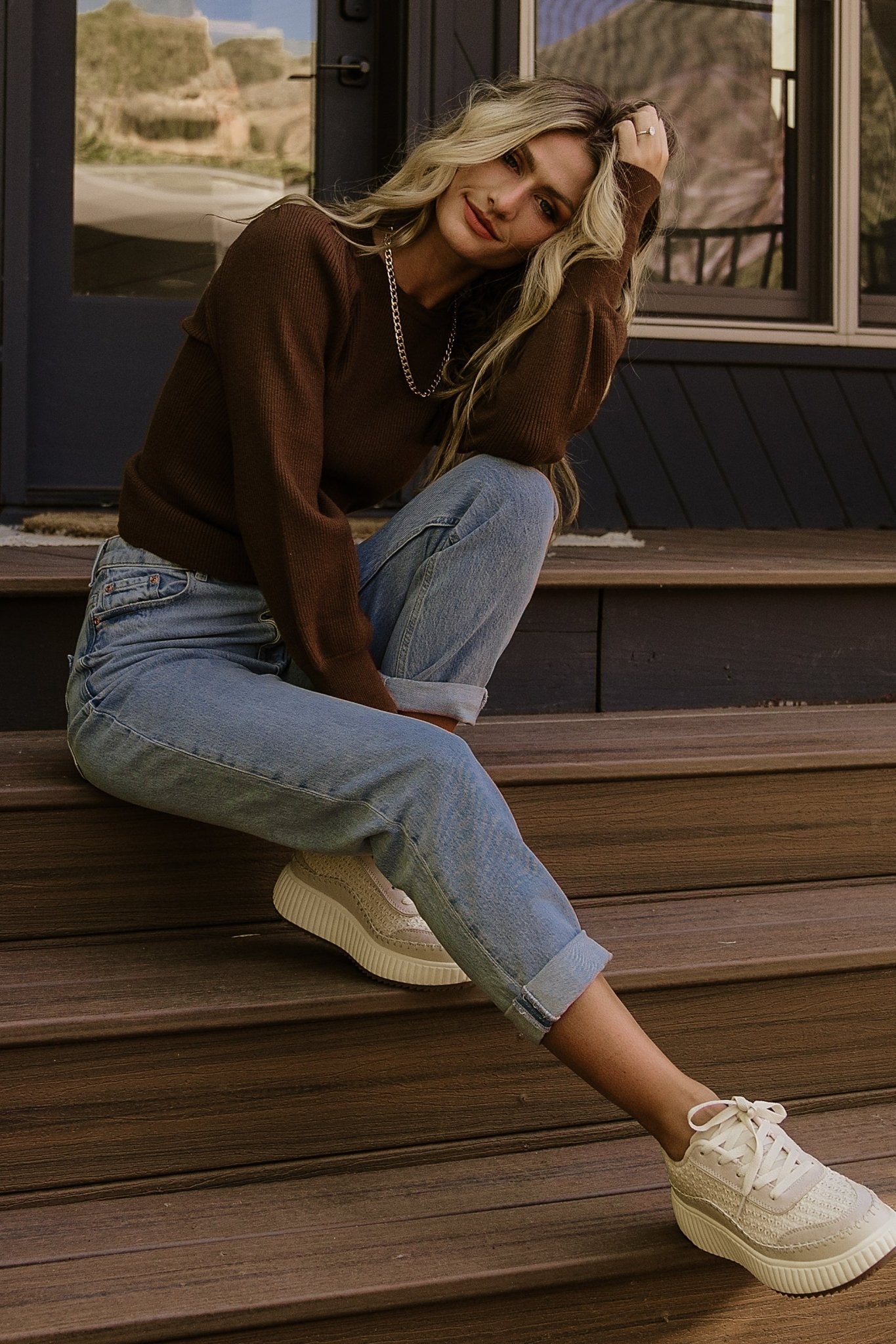 Lilou Brown Rib Knit Sweater with Long Sleeves