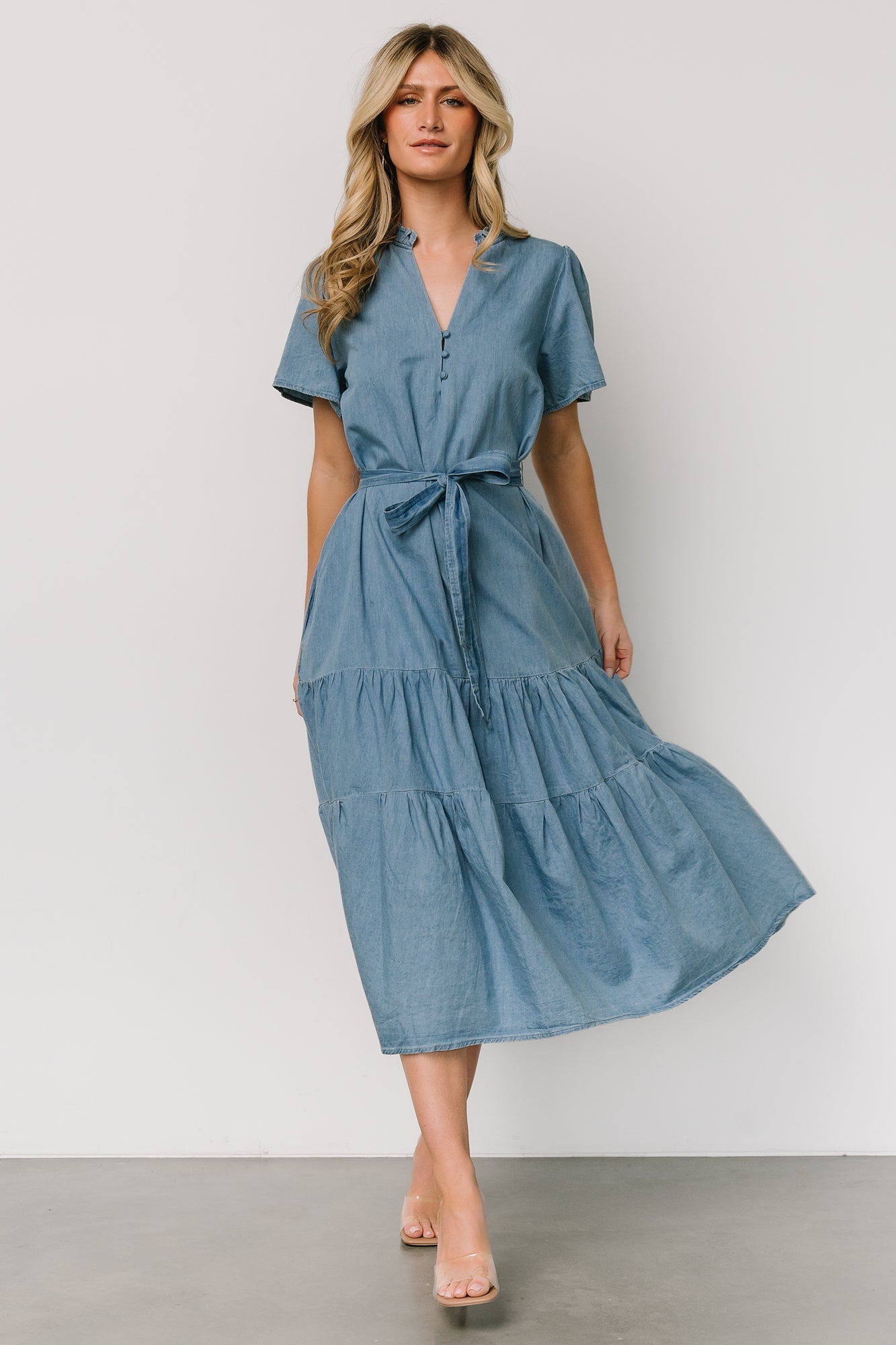 Chambray Blue V-Neck Midi Dress with Pockets & Detachable Sash