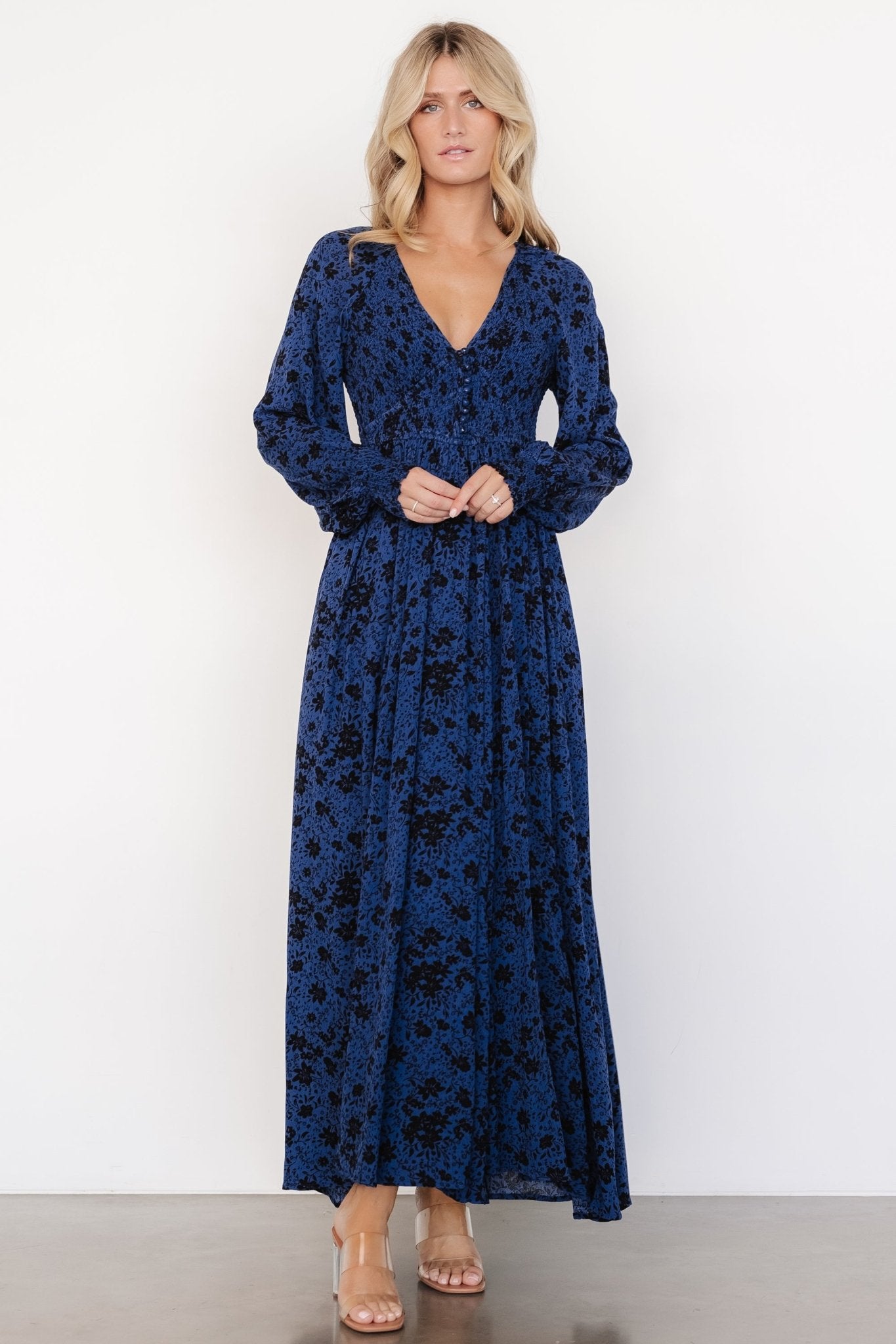 Vintage Navy Floral Maxi Dress with Smocked Bodice & Pockets