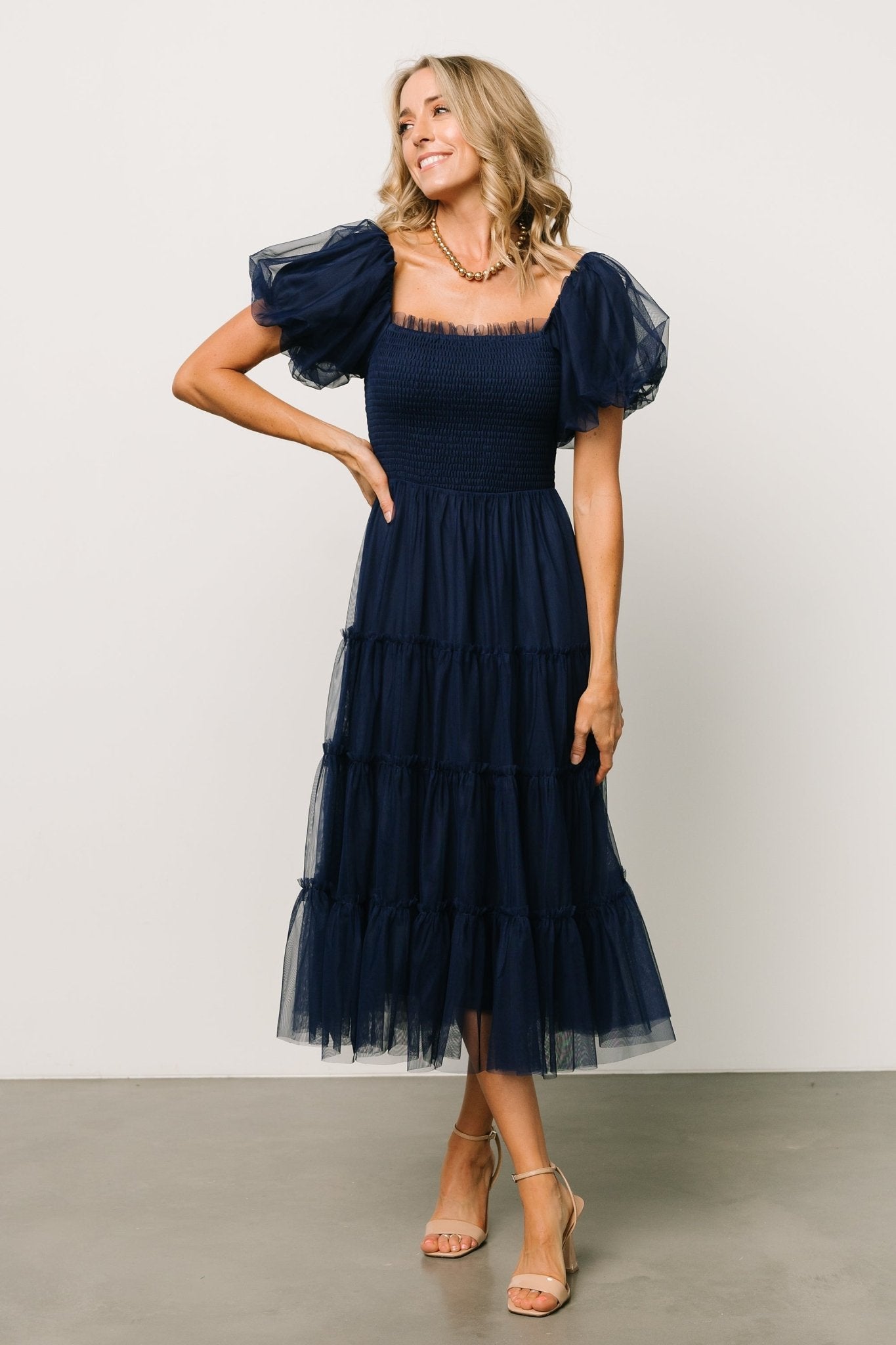 Baltic Born Navy Tulle Midi Dress with Ruffle Sleeves