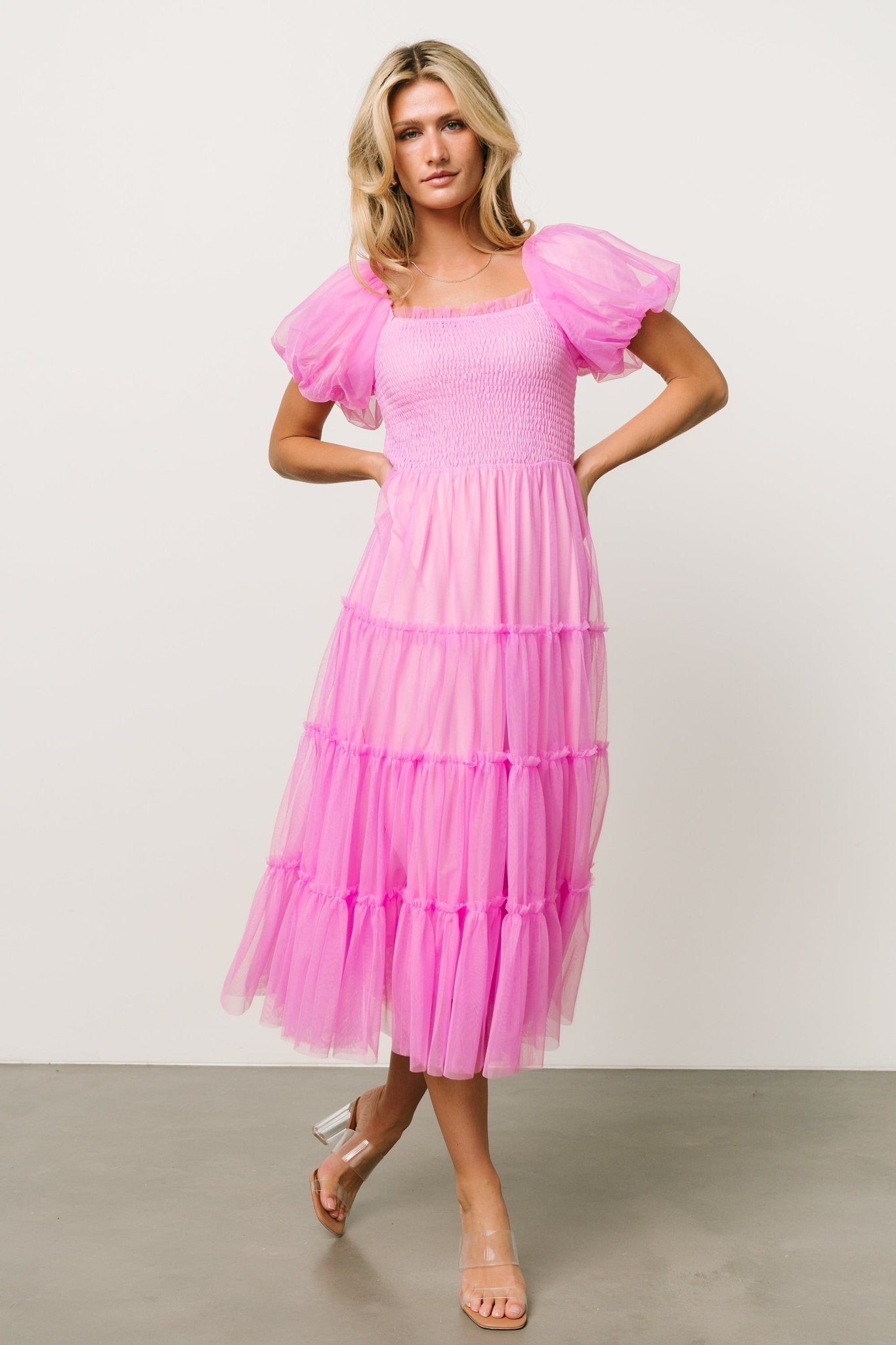 Pink Tulle Midi Dress with Ruffle Sleeves – Baltic Born