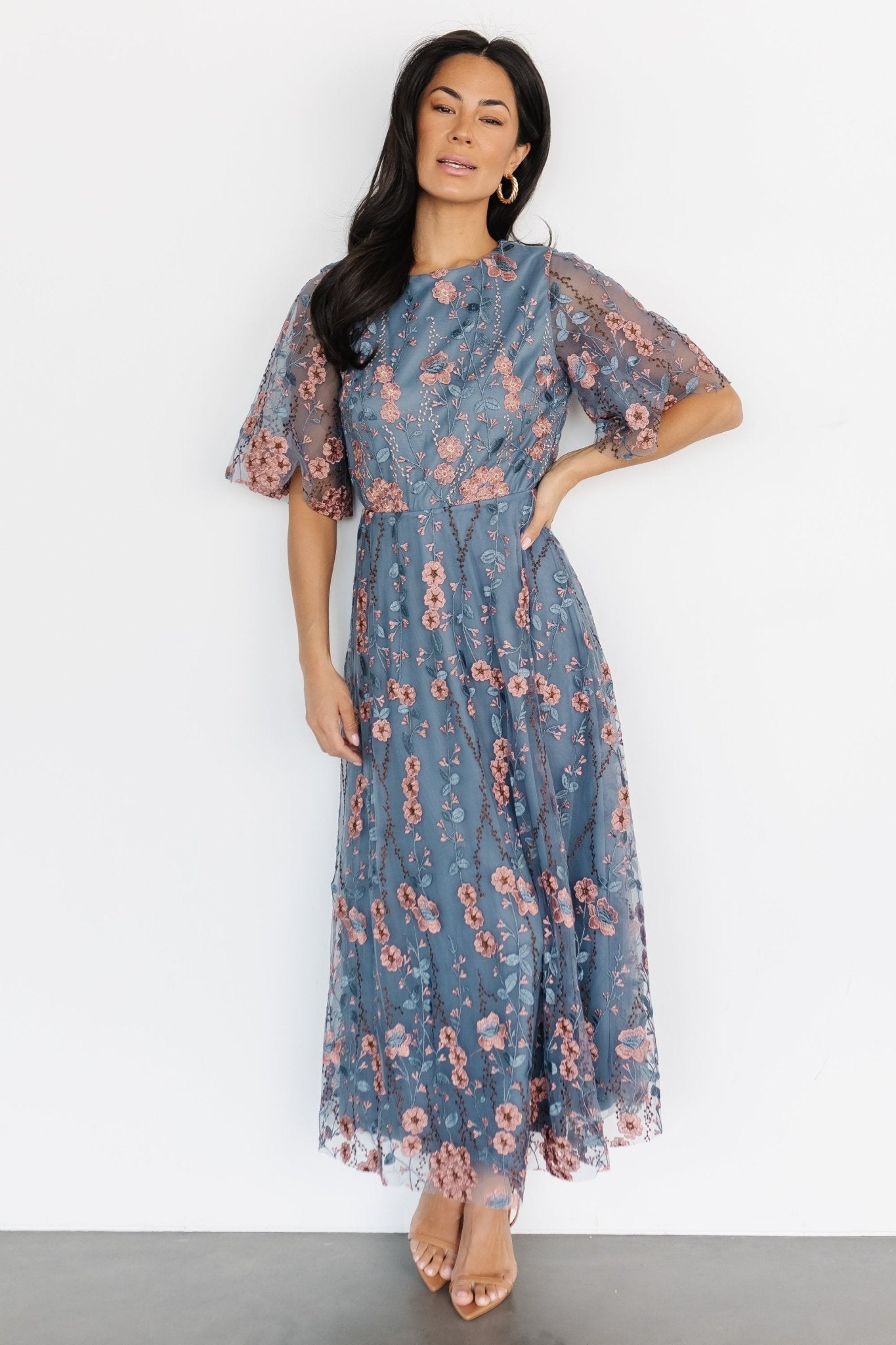Arabella Blue Pink Floral Embroidered Tulle Maxi Dress