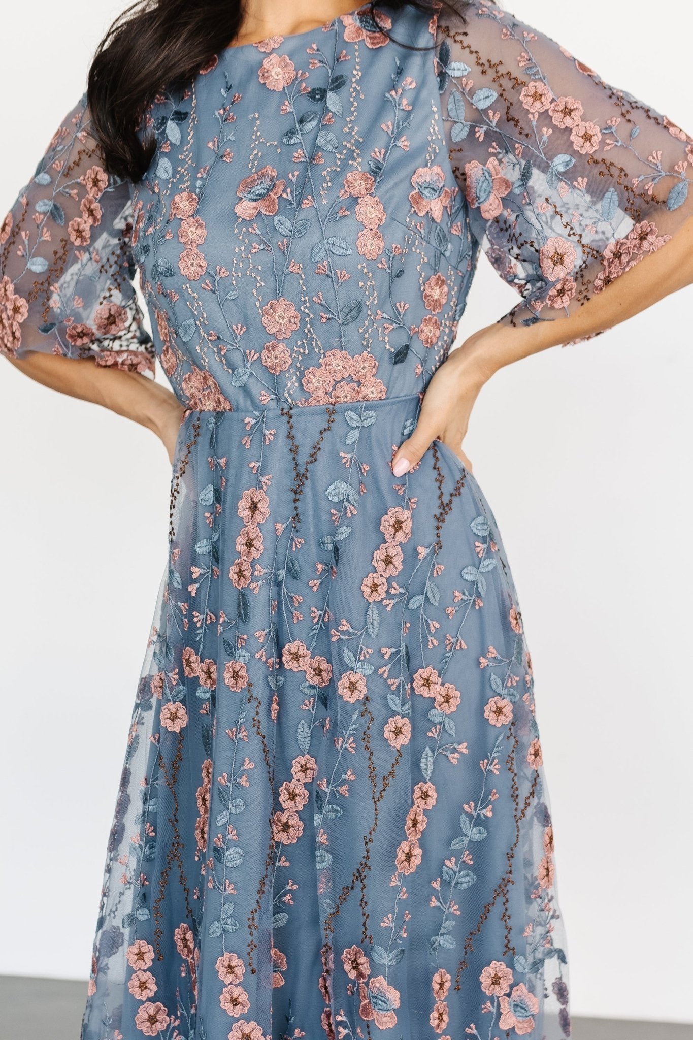 Arabella Blue Pink Floral Embroidered Tulle Maxi Dress