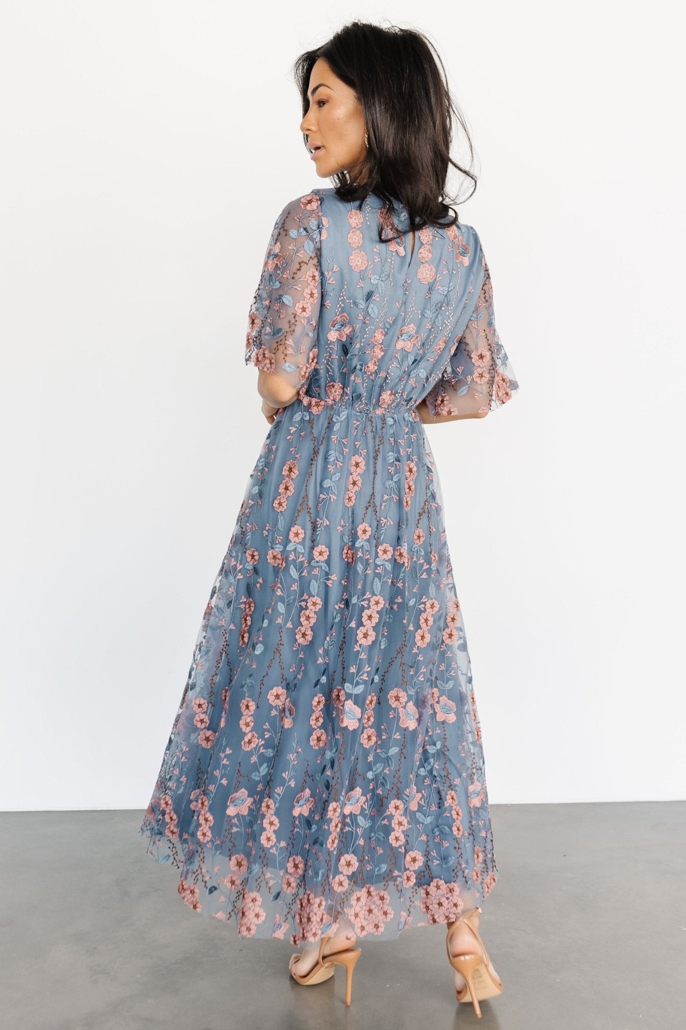 Arabella Blue Pink Floral Embroidered Tulle Maxi Dress