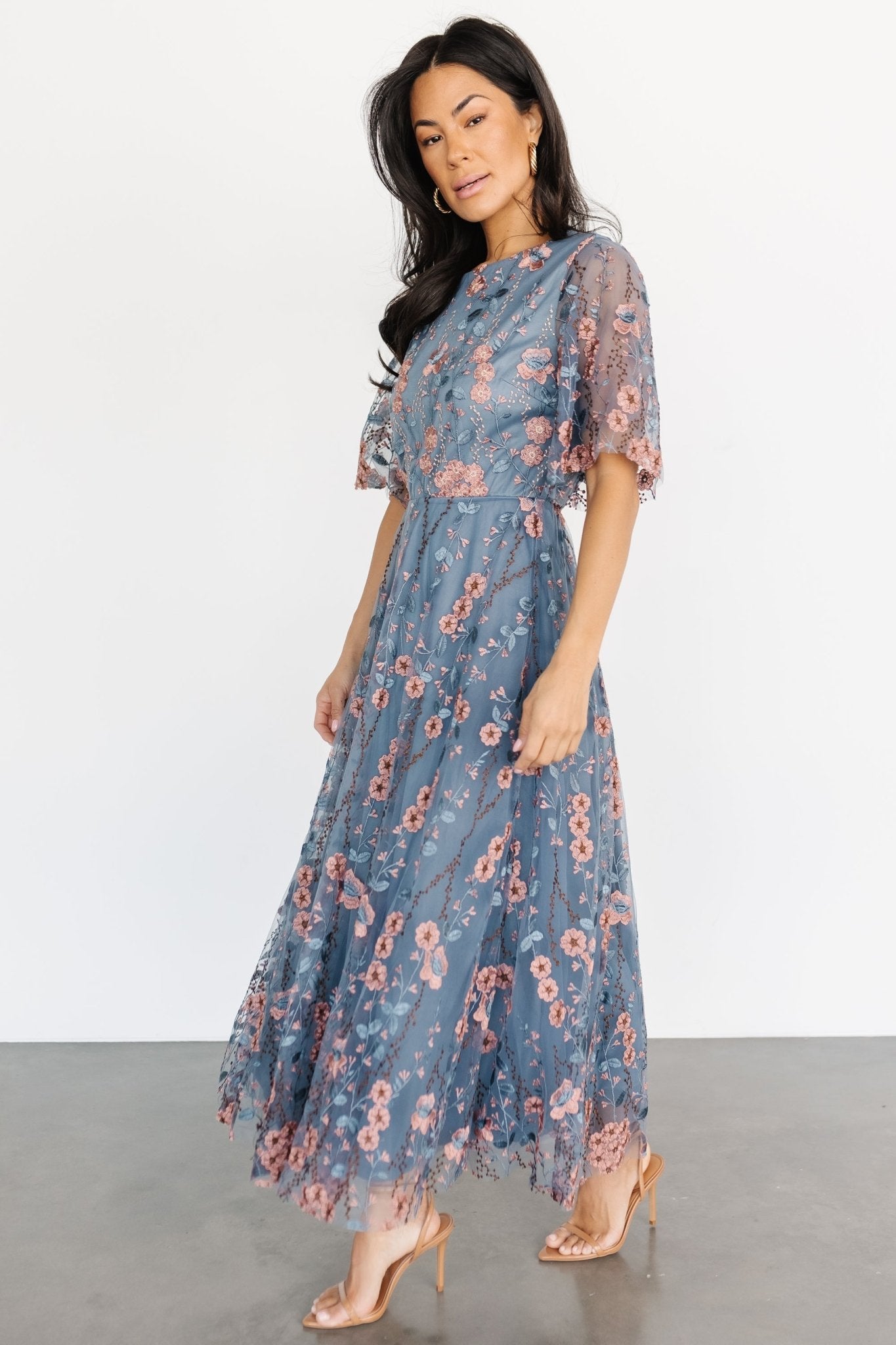 Arabella Blue Pink Floral Embroidered Tulle Maxi Dress