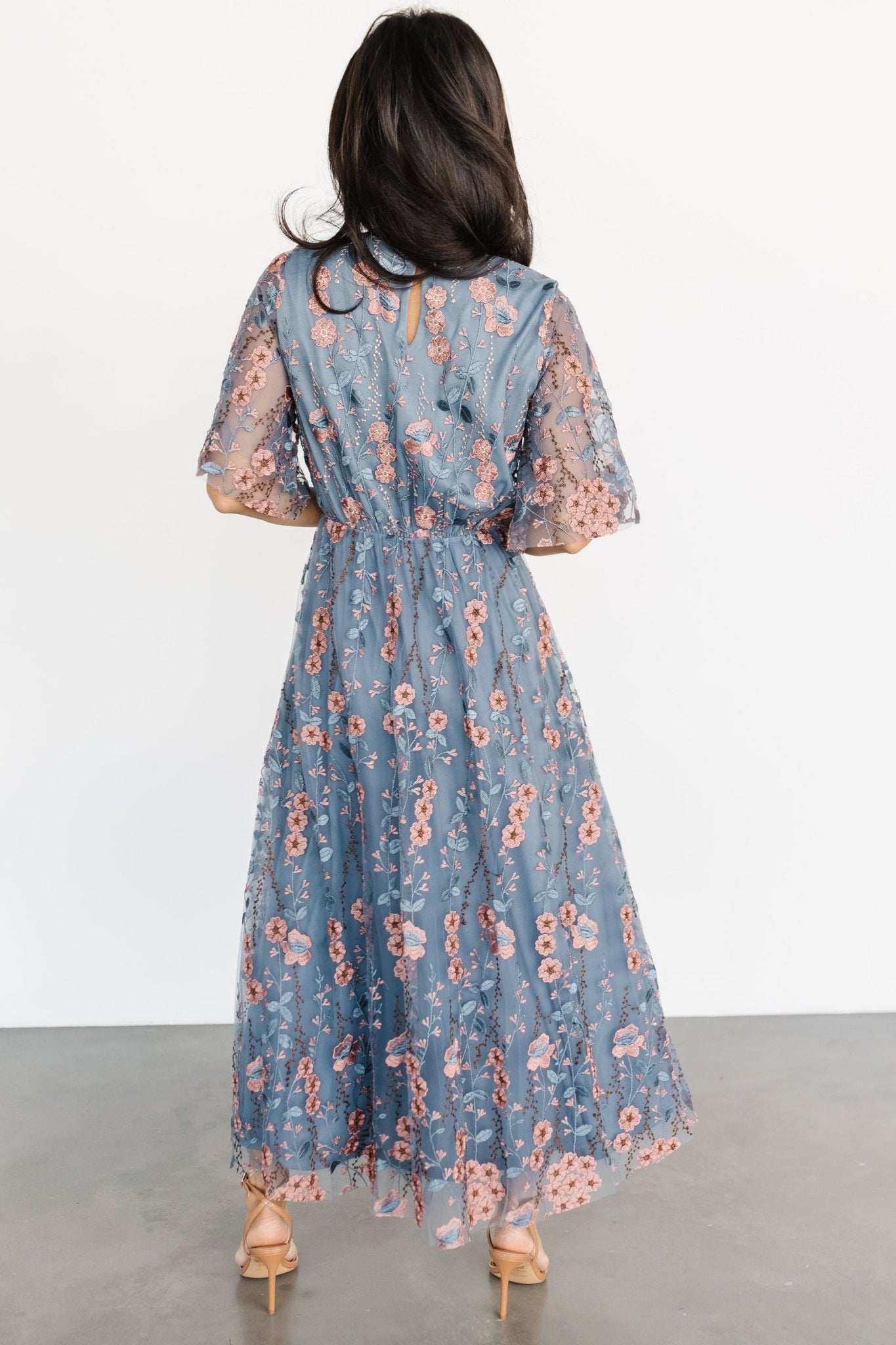 Arabella Blue Pink Floral Embroidered Tulle Maxi Dress