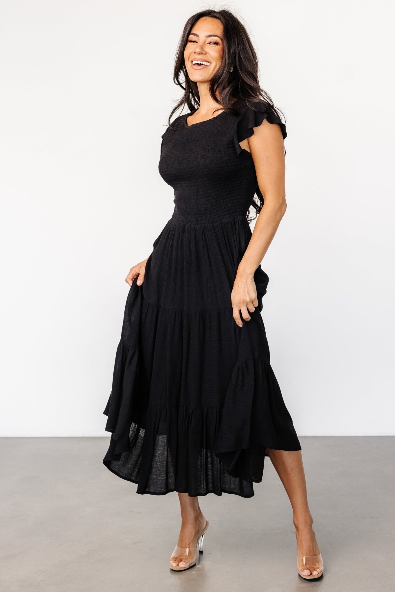 Loretta Black Smocked Midi Dress with Tiered Skirt