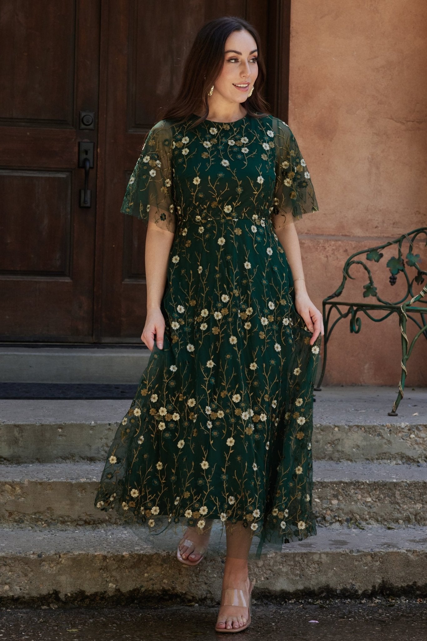 Arabella Dark Green Embroidered Floral Tulle Maxi Dress