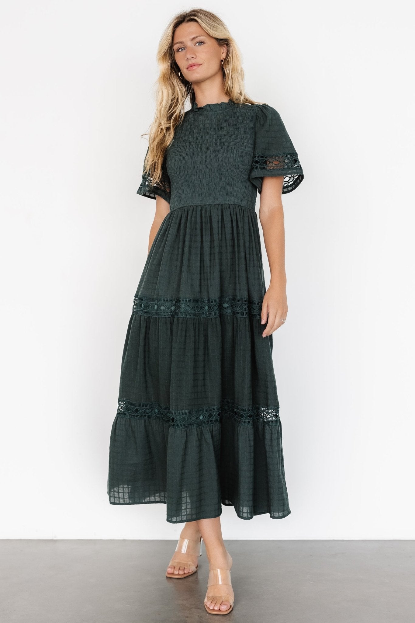 Dark Green Geo Lace Maxi Dress with Pockets – Baltic Born