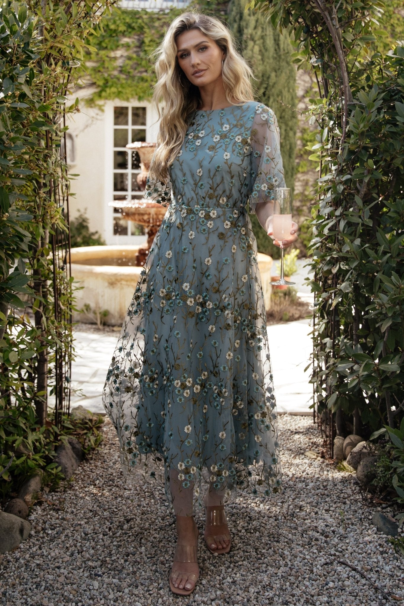 Arabella Embroidered Floral Tulle Maxi Dress in Dusty Blue