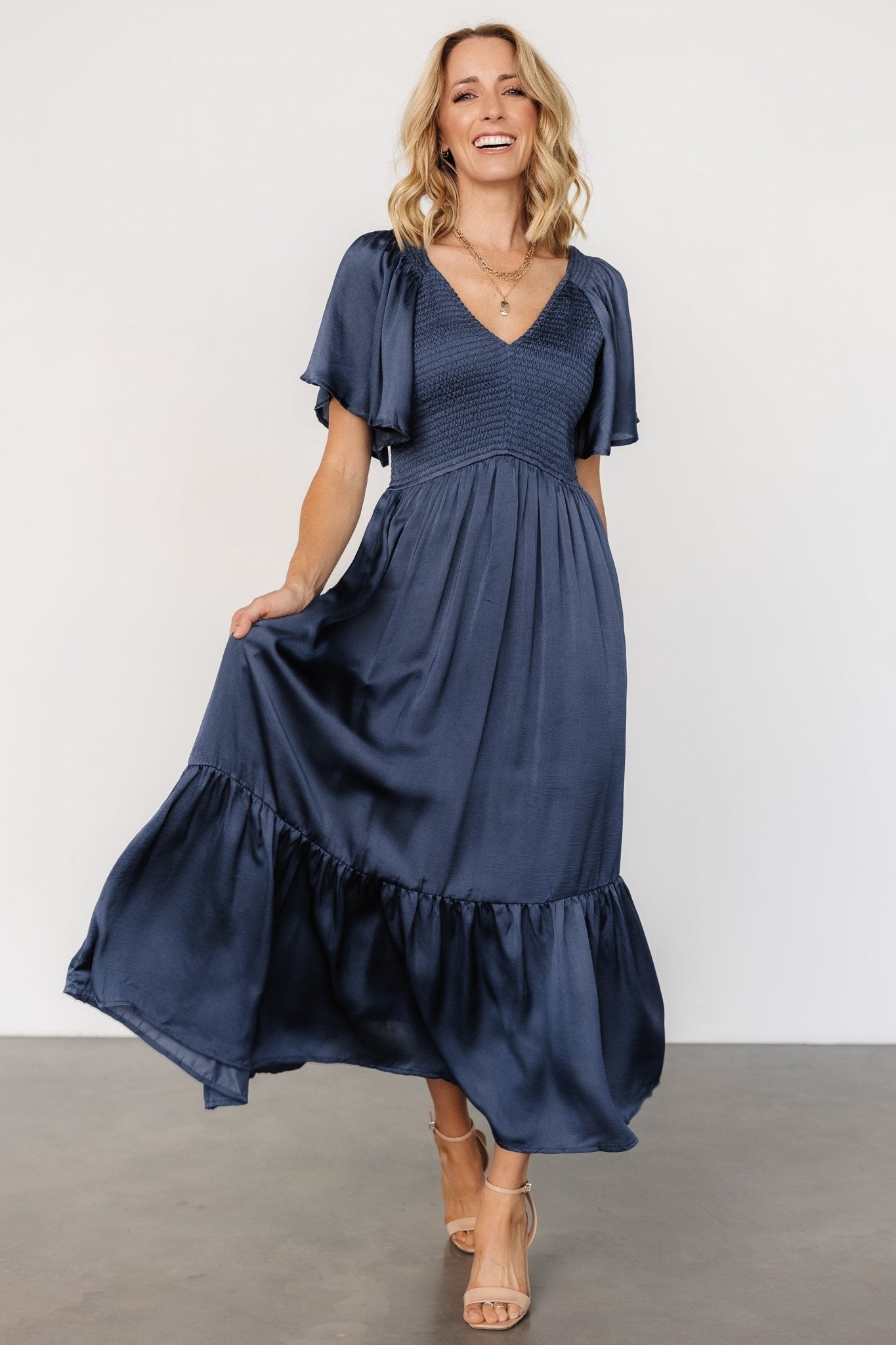 Lovell Midnight Blue Smocked Midi Dress with Flutter Sleeves