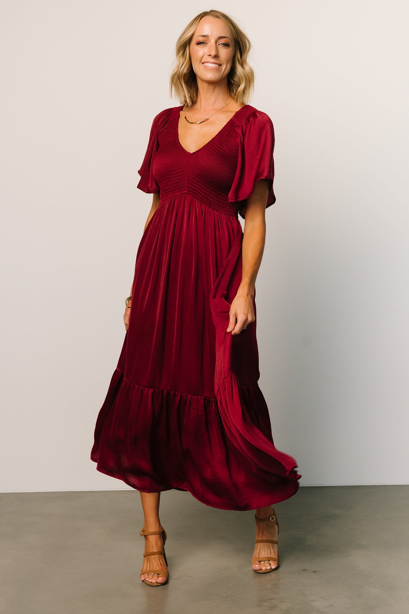 Baltic Born Wine Smocked Midi Dress with Flutter Sleeves