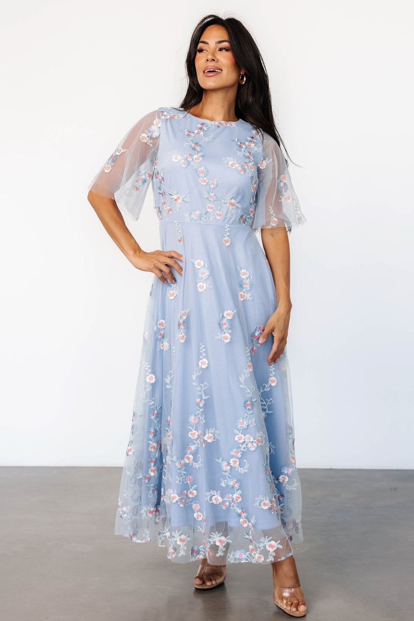 Light Blue Embroidered Tulle Maxi Dress with Floral Detail