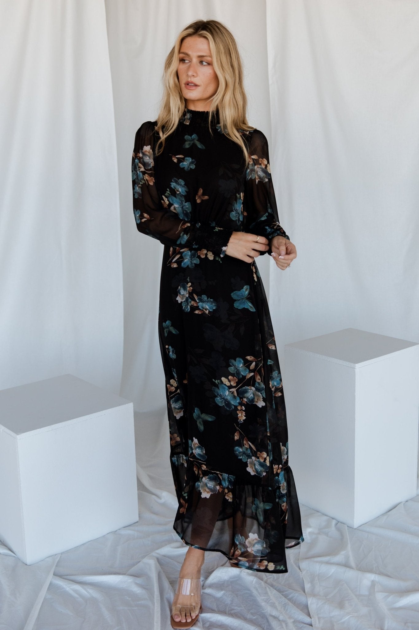 Luciana Black & Blue Butterfly Print Maxi Dress for Weddings